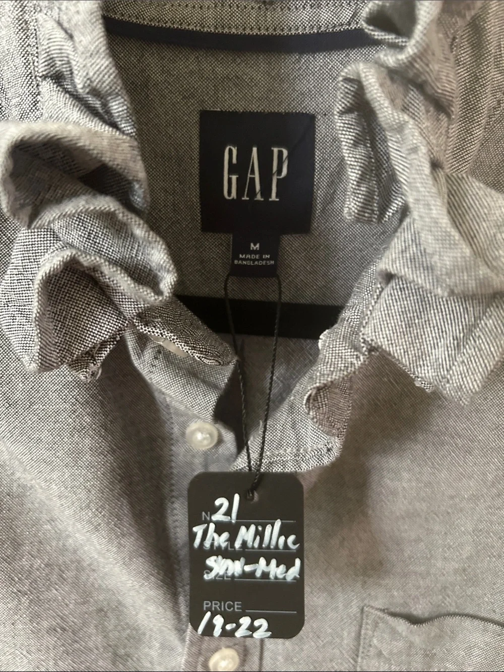 GAP Grey Button-Down Shirt recreated for a woman with a ruffled collar
